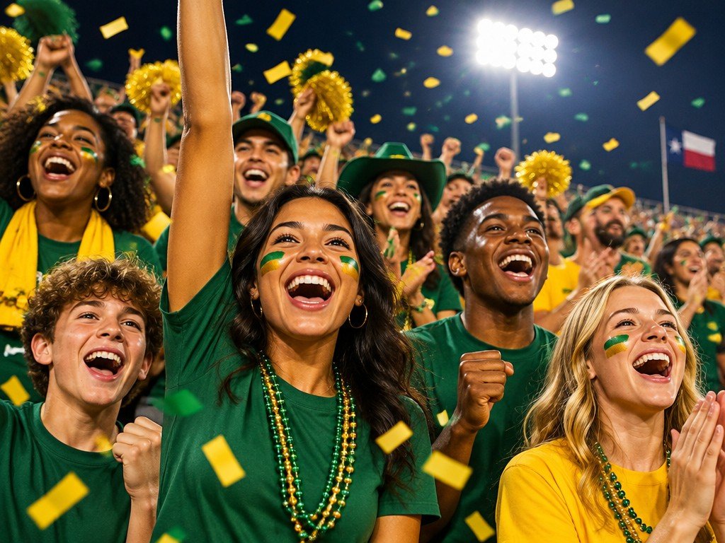 Happy fans in green and gold cheering under stadium lights