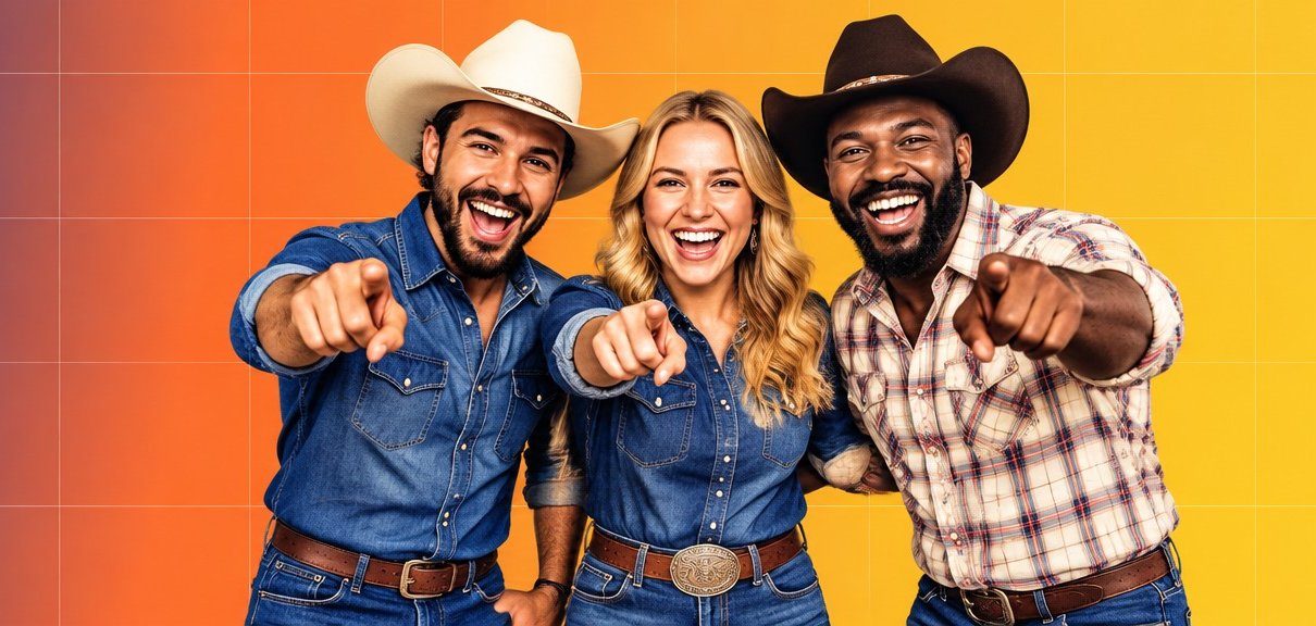 Three smiling friends in denim and boots, laughing together on a bright blue and sunset grid