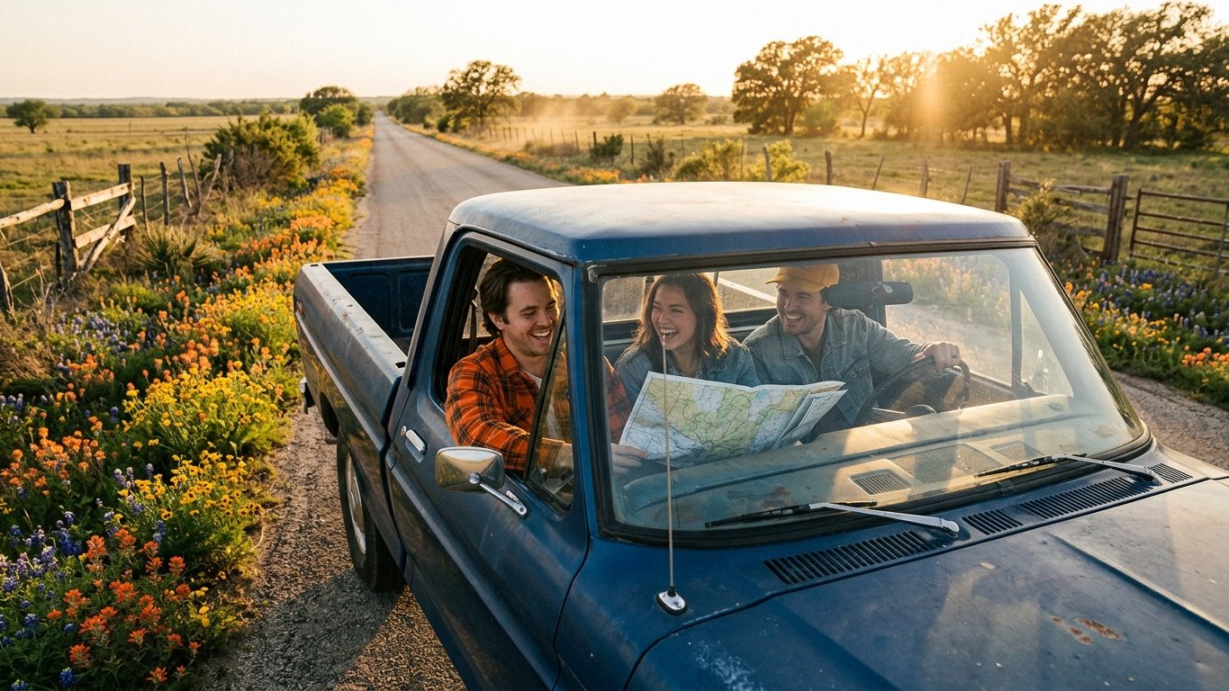 Friends in a pickup truck laughing at sunset with a map on the dashboard