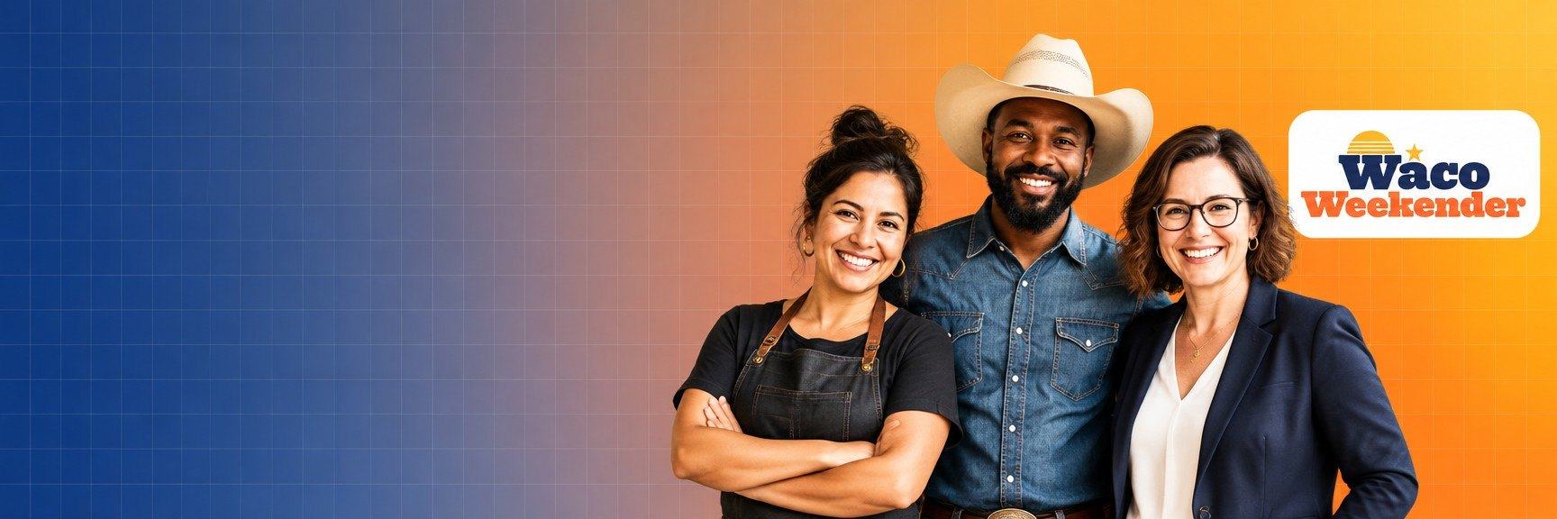 Smiling Waco business owners in front of a bright grid banner